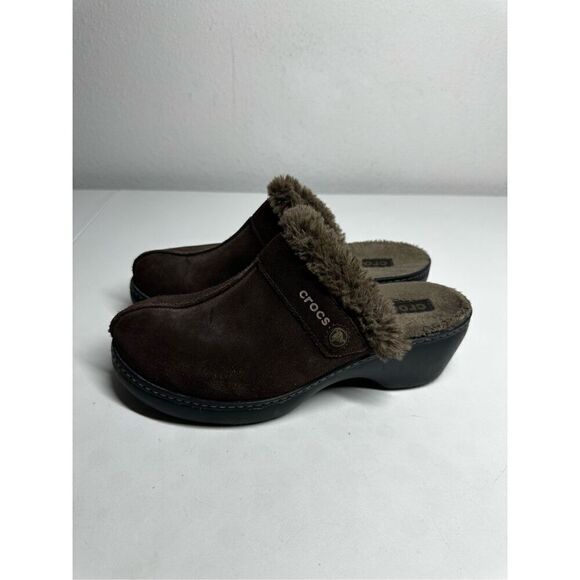 Crocs Women's Brown Suede Faux Fur Lined Mule Clogs Slip-Ons 11602 Size 10 - Picture 1 of 11